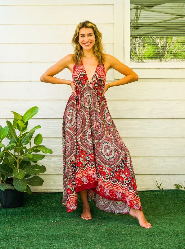 Burgundy Sweet Mandala Goddess Boho Maxi Dress Stylish V-Neck Maxi Dress
