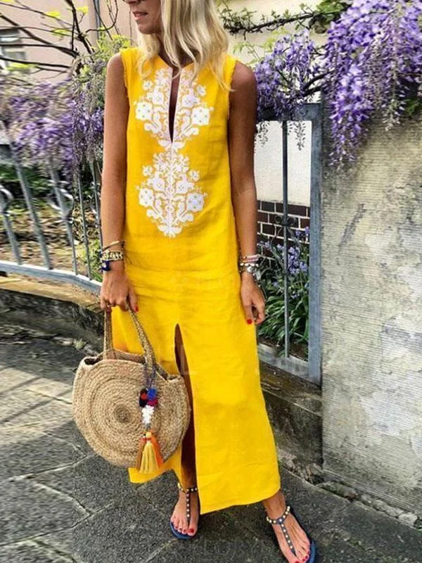 Cotton Line Casual V-Neck Maxi Dress Comfortable Fitted Maxi Dress