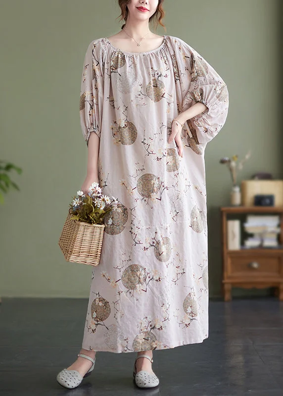 Cute O-Neck Print Wrinkled Holiday Maxi Dress Puff Sleeve Comfortable Maxi Dress with Belt