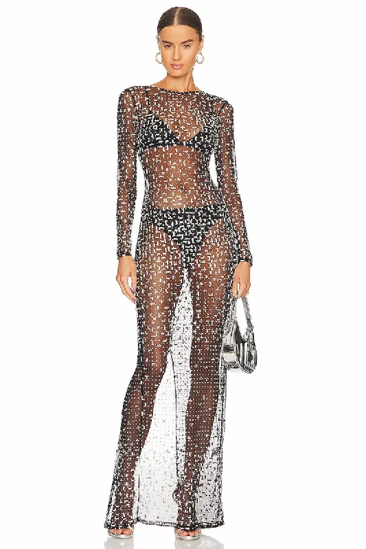 Dazzled Up Crystal Embellished Sheer Maxi Dress Cozy Knitted Maxi Dress