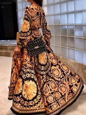 Early Autumn Long Sleeve V-Neck Print Maxi Dress Trendy Printed Maxi Dress