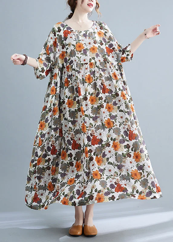 Elegant Orange Print Wrinkled Maxi Dresses Summer Elegant Maxi Dress with Ruffles