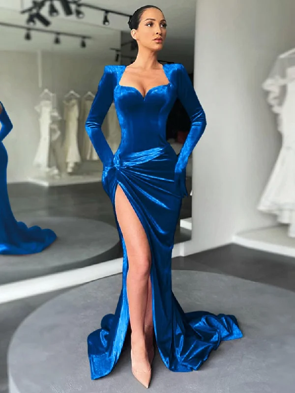 Elegant Padded Slit Evening Club Gown For Women Gloves Sleeve Velvet Long Dress Outfits Sexy Maxi Dresses Ruched Dresses Comfortable Long-Sleeve Maxi Dress