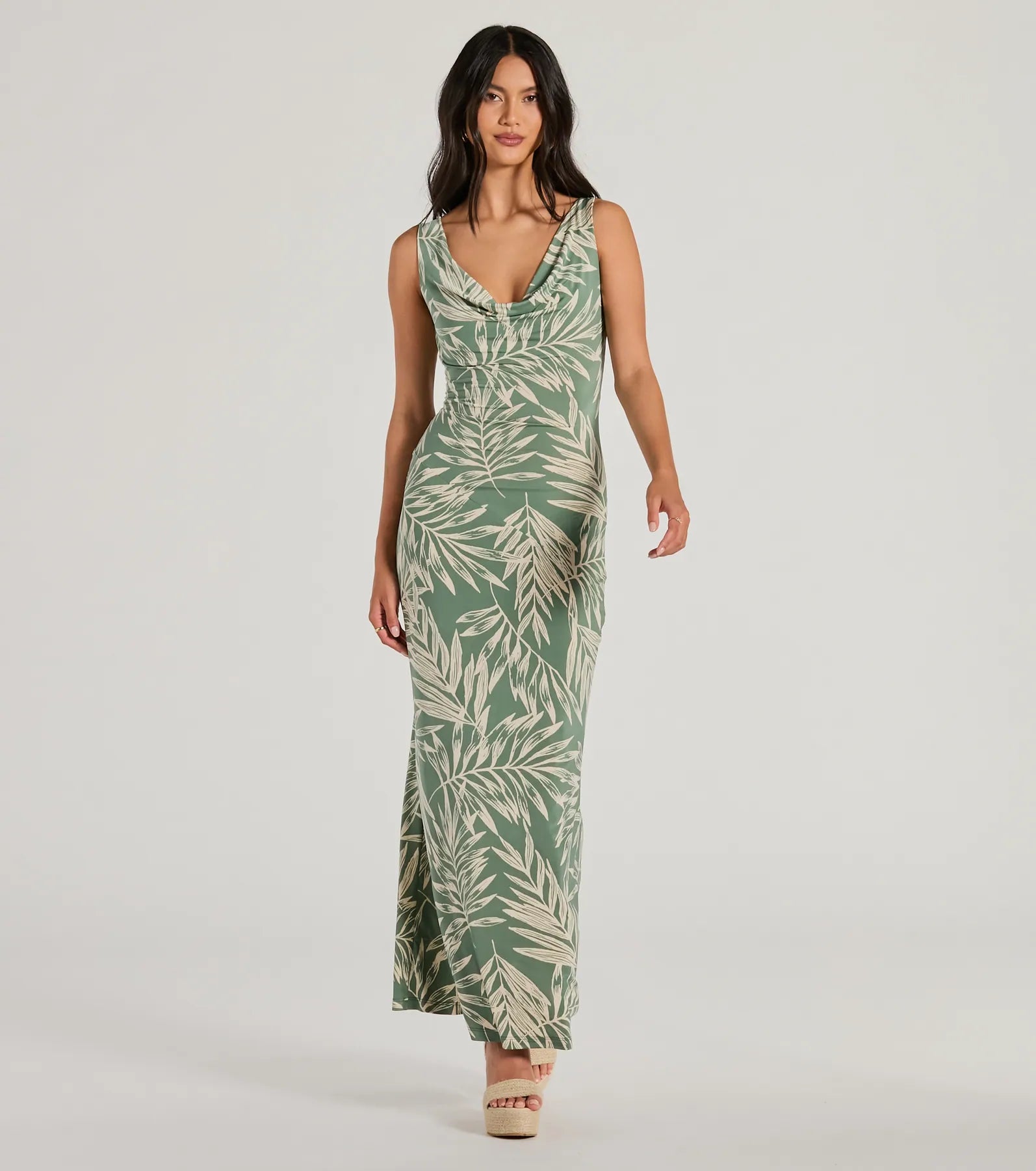 Fabulous Destination Tropical Cowl Neck Maxi Dress Stylish Empire Waist Maxi Dress