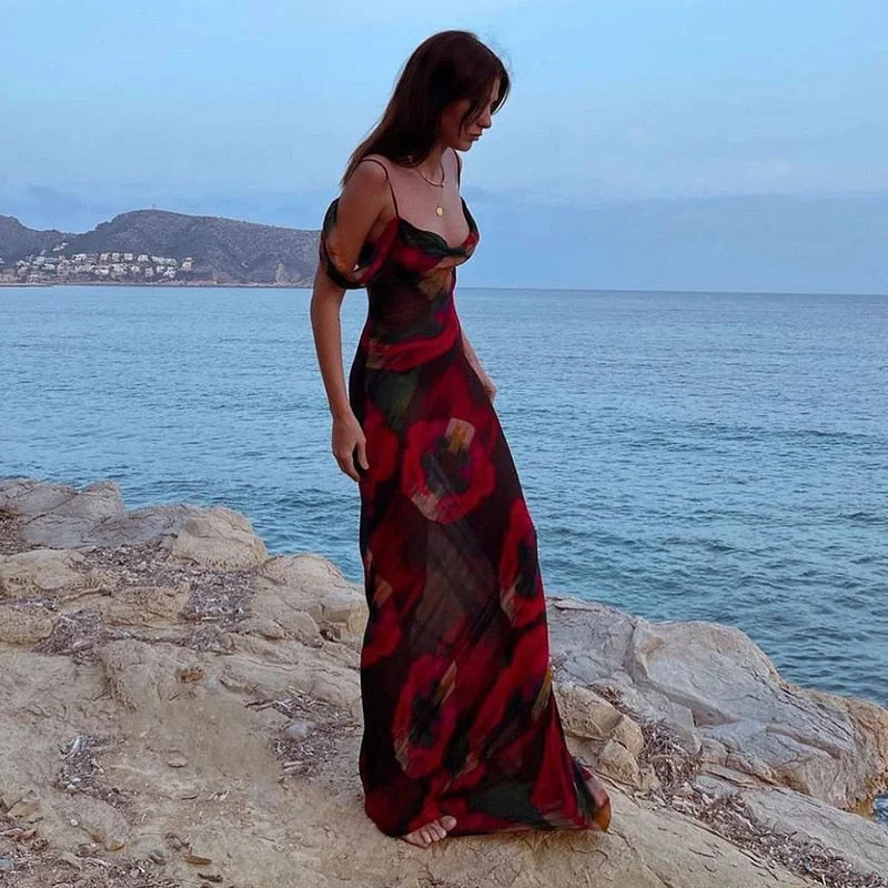 Fashion Print Mesh See Through Sexy Slip Maxi Dresses Women Summer Holiday Sleeveless Club Party Dresses Elegant Trendy Ruffled Maxi Dress