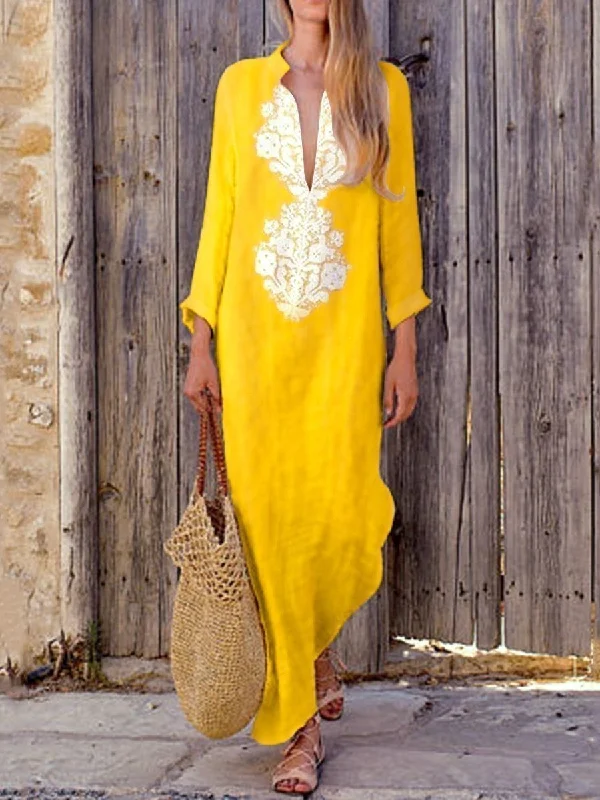 Fashionable Cotton Line Casual V-Neck Yellow Maxi Dresses Trendy Maxi Dress with Bow Fashionable Cotton Line Casual V-Neck Yellow Maxi Dresses Trendy Maxi Dress with Bow