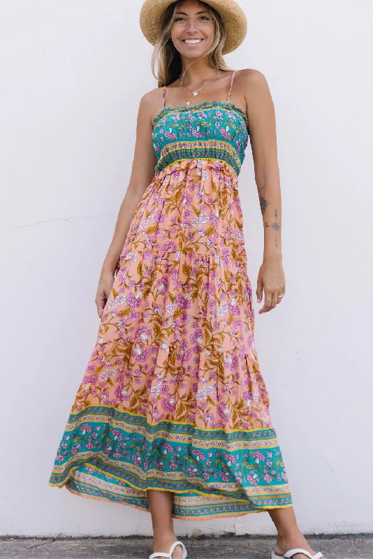Floral Print Bodice Spaghetti Strap Maxi Dress Elegant Floral Maxi Dress