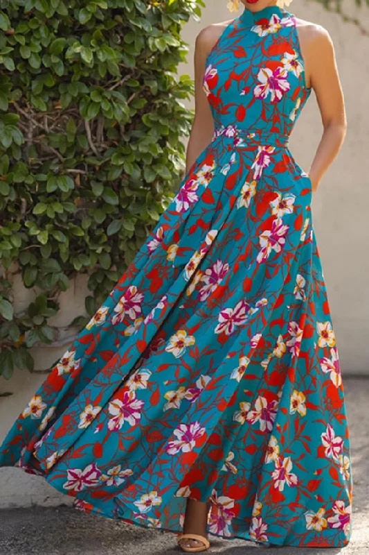 Floral Print Bohemia Lace-Up Belted Maxi Dress Trendy Short Sleeve Maxi Dress