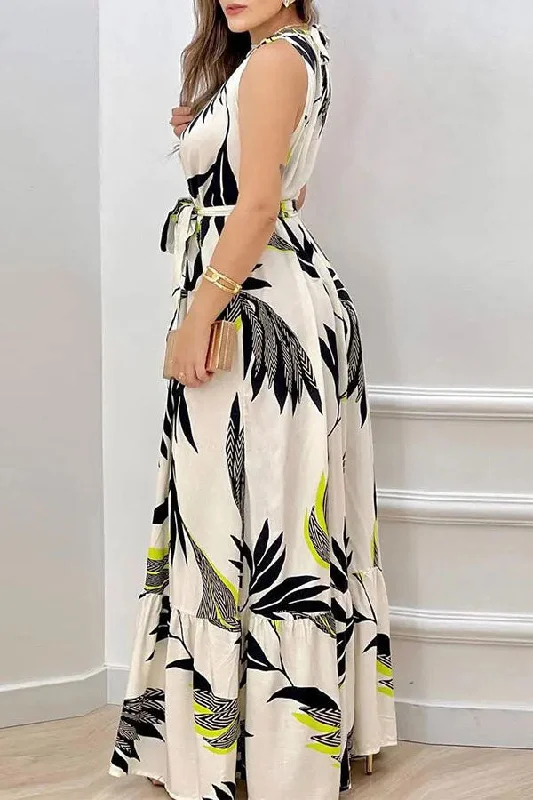 Floral Print Classic Lace-Up Maxi Dress Casual Maxi Dress with Pockets