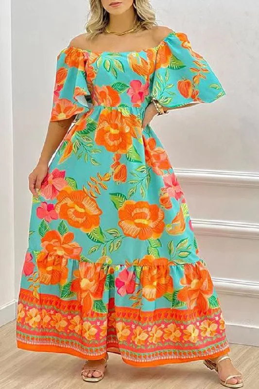 Floral Print Classic Tie Back Ruffle Maxi Dress Chic Off-Shoulder Maxi Dress