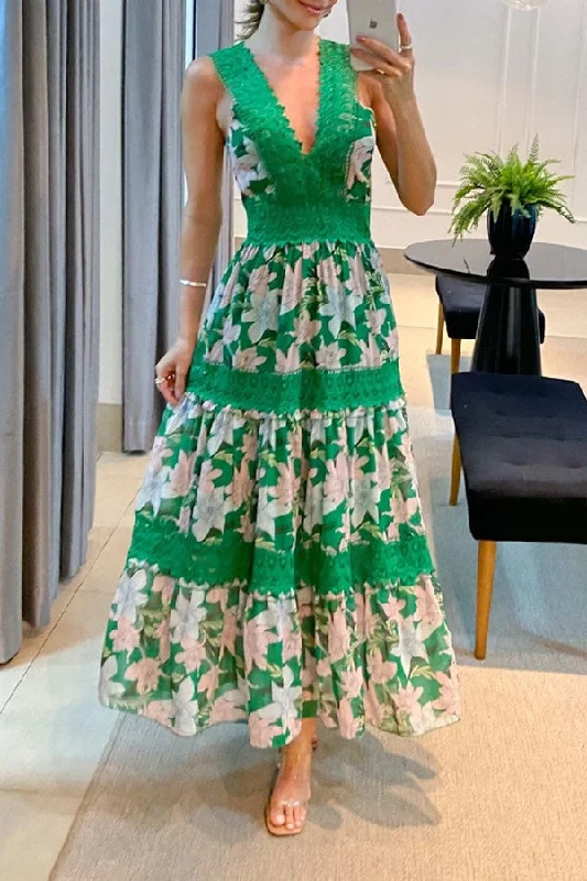 Floral Print Feminine Lace Patchwork Maxi Dress Trendy Maxi Dress with Lace