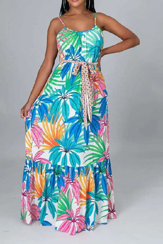 Floral Print Glamorous Lace-Up Ruffle Hem Maxi Dress Fashionable High-Waist Maxi Dress Floral Print Glamorous Lace-Up Ruffle Hem Maxi Dress Fashionable High-Waist Maxi Dress