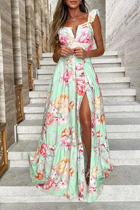 Floral Print Ruffle Strap Rocking High Split Maxi Dress Trendy Fit-and-Flare Maxi Dress Floral Print Ruffle Strap Rocking High Split Maxi Dress Trendy Fit-and-Flare Maxi Dress