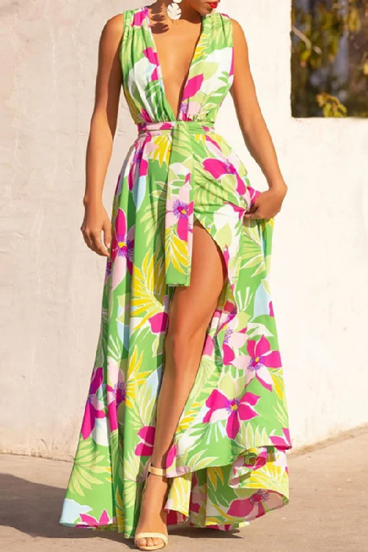 Floral Print Tropical Belted High Split Maxi Dress Fashionable High-Waist Maxi Dress Floral Print Tropical Belted High Split Maxi Dress Fashionable High-Waist Maxi Dress