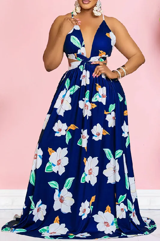 Flower Print Romantic Cutout Strappy Back Maxi Dress Chic Summer Maxi Dress