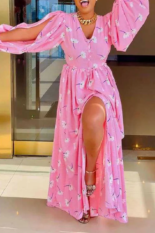 Flower Print Stunning Single Breasted Maxi Dress Cozy Longline Maxi Dress