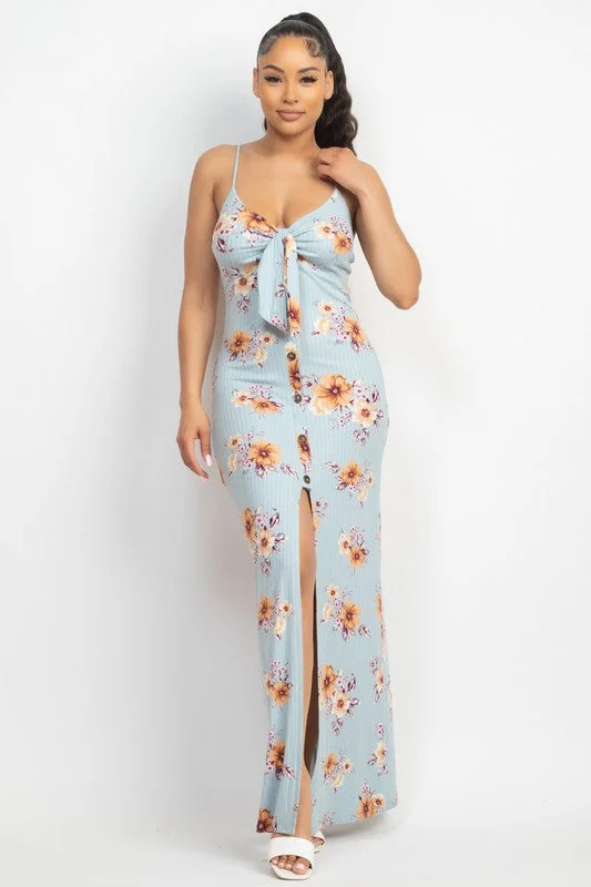 Front Tie Buttoned Floral Maxi Dress Trendy Maxi Dress with Straps