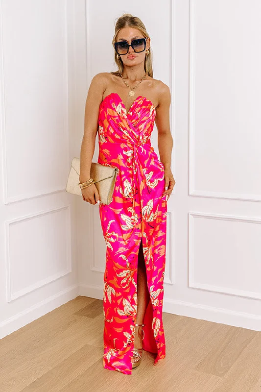 Gala Ready Satin Maxi Dress in Hot Pink Stylish Maxi Dress with Frills