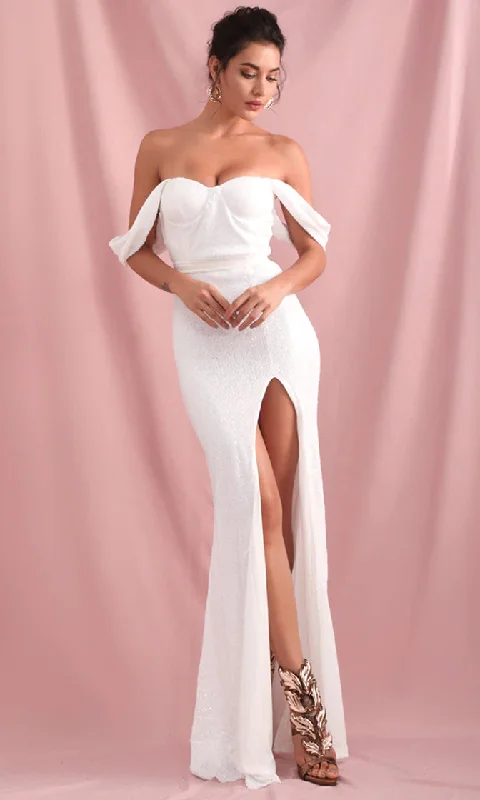 Give Me Love White Sequin Draped Off The Shoulder Straps Sweetheart Neck High Slit Fishtail Maxi Dress Stylish A-Line Maxi Dress Give Me Love White Sequin Draped Off The Shoulder Straps Sweetheart Neck High Slit Fishtail Maxi Dress Stylish A-Line Maxi Dress