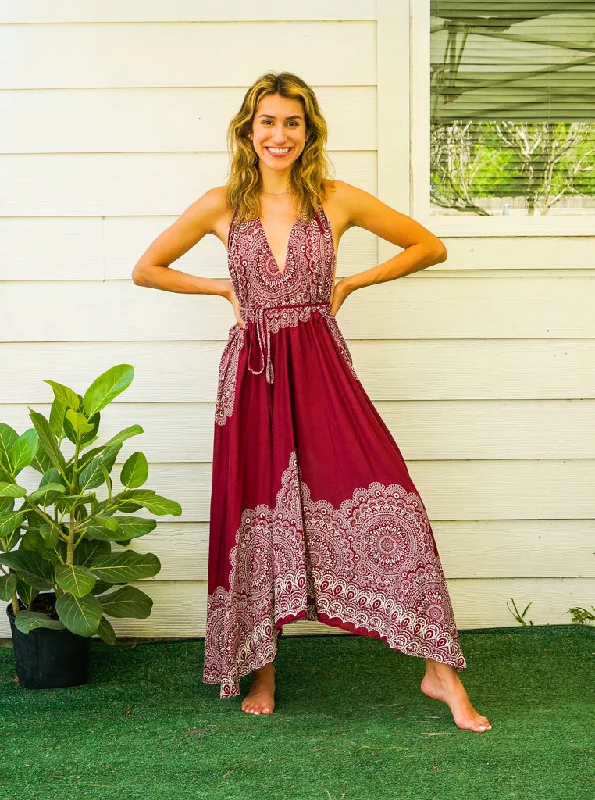 Burgundy Mandala Goddess Boho Maxi Dress Trendy Short Sleeve Maxi Dress