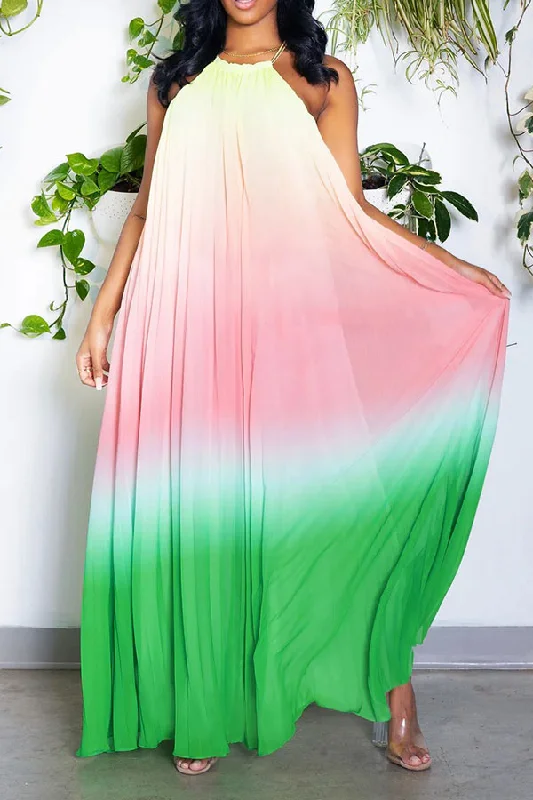 Gradient Simple Backless Flowy Pleated Maxi Dress Classic Tulle Maxi Dress