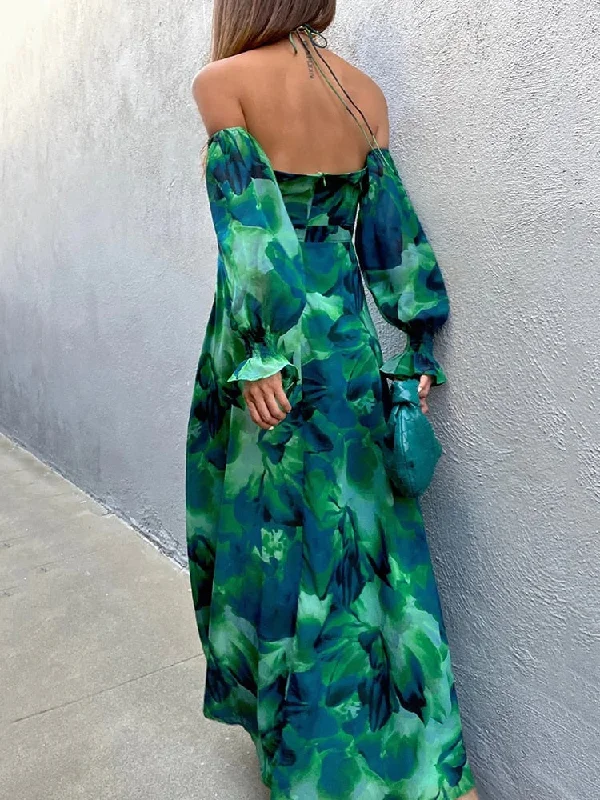 Green Halter Print Backless Maxi Dress For Women Summer New Beach Off-shoulder Thigh High Split Printing Long Dress Vestido Trendy Maxi Dress with Belt Green Halter Print Backless Maxi Dress For Women Summer New Beach Off-shoulder Thigh High Split Printing Long Dress Vestido Trendy Maxi Dress with Belt