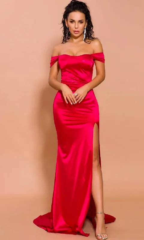 He's Waiting Red Satin Short Sleeve Off The Shoulder High Slit Fit and Flare Maxi Dress With Train Stylish Maxi Dress with Pleats He's Waiting Red Satin Short Sleeve Off The Shoulder High Slit Fit and Flare Maxi Dress With Train Stylish Maxi Dress with Pleats