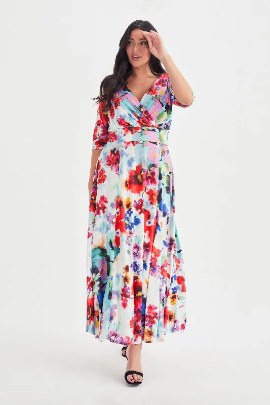 Isabella Ivory Multi Print 3/4 Sleeve Jersey Maxi Dress Cozy Ribbed Maxi Dress