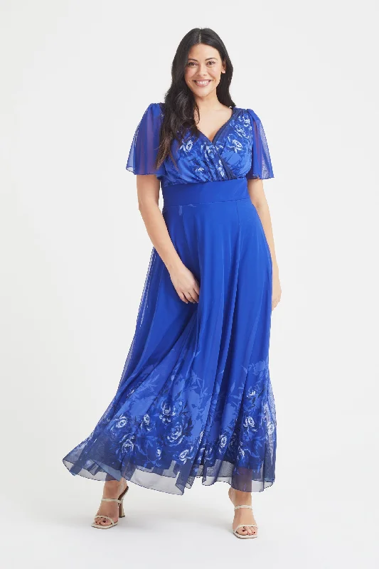 Isabelle Blue Border Floral Float Sleeve Maxi Dress Chic Button-Up Maxi Dress