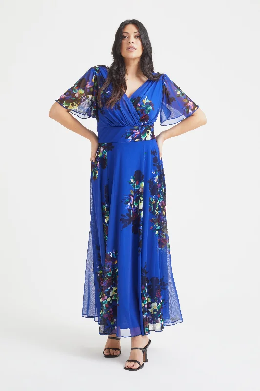 Isabelle Blue Multi Floral Float Sleeve Maxi Dress Comfortable Maxi Dress with Belt