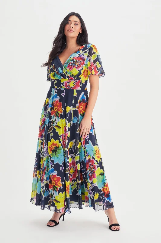 Isabelle Bright Multi Float Sleeve Maxi Dress Elegant Pleated Maxi Dress