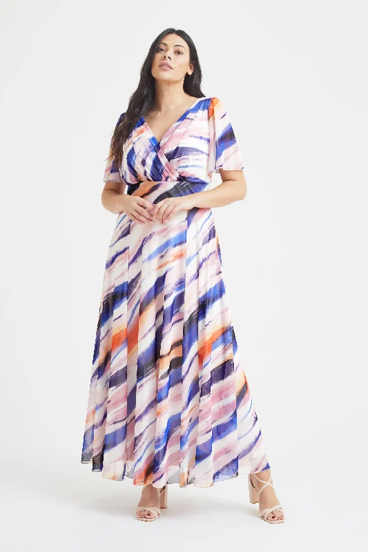 Isabelle Cream Multi Brush Float Sleeve Maxi Dress Stylish A-Line Maxi Dress