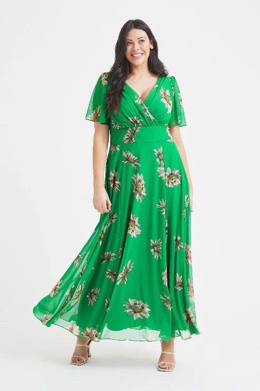 Isabelle Green Sunflower Float Sleeve Maxi Dress Fashionable Faux Wrap Maxi Dress