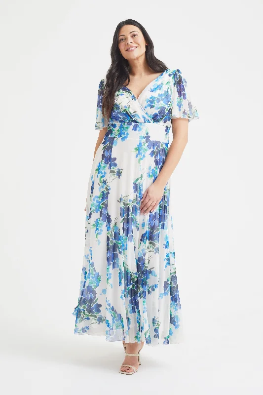 Isabelle Ivory Blue Float Sleeve Maxi Dress Fashionable High-Low Maxi Dress