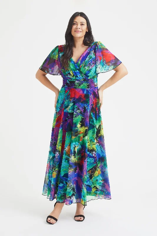 Isabelle Multi Brush Float Sleeve Maxi Dress Elegant Maxi Dress with Pockets