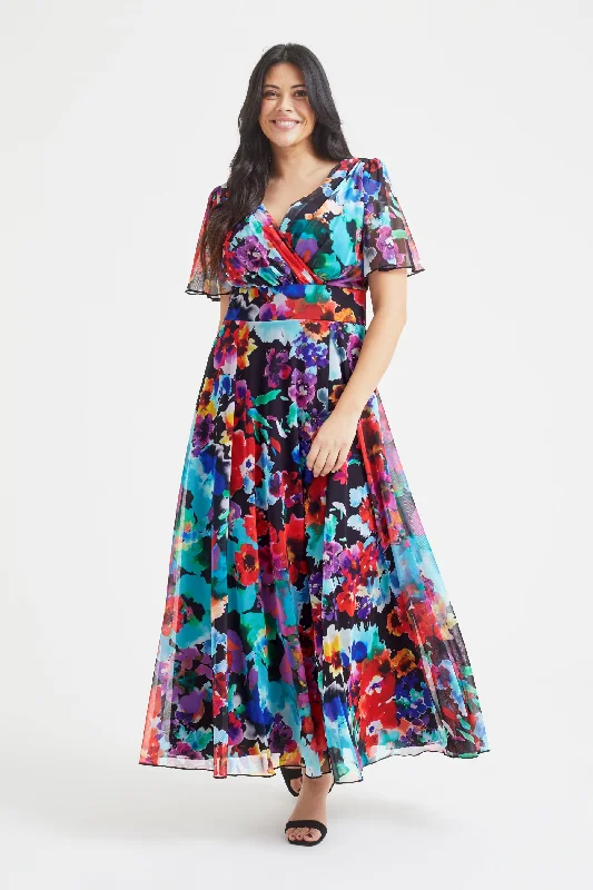 Isabelle Multi Floral Float Sleeve Maxi Dress Chic Sleeveless Maxi Dress