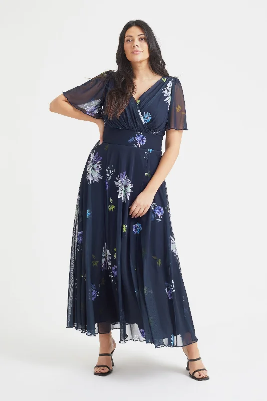 Isabelle Navy Dandelion Float Sleeve Maxi Dress Comfortable Plunging Neckline Maxi Dress