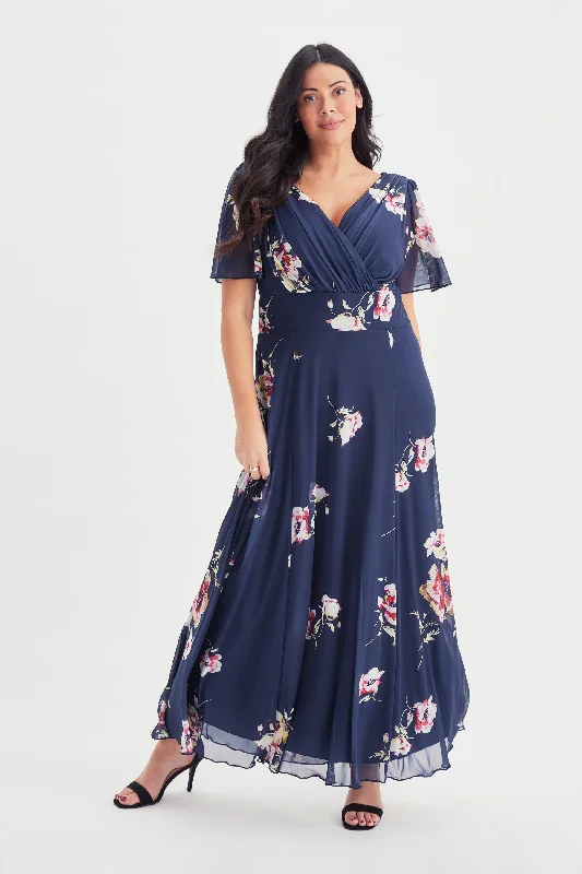 Isabelle Navy Flower Float Sleeve Maxi Dress Casual Maxi Dress with Pockets