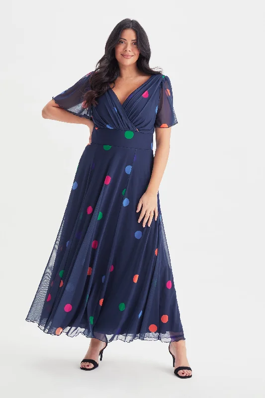 Isabelle Navy Polka Float Sleeve Maxi Dress Comfortable Fitted Maxi Dress