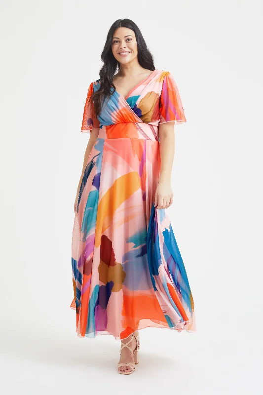 Isabelle Peach Multi Float Sleeve Maxi Dress Elegant Maxi Dress with Drapes