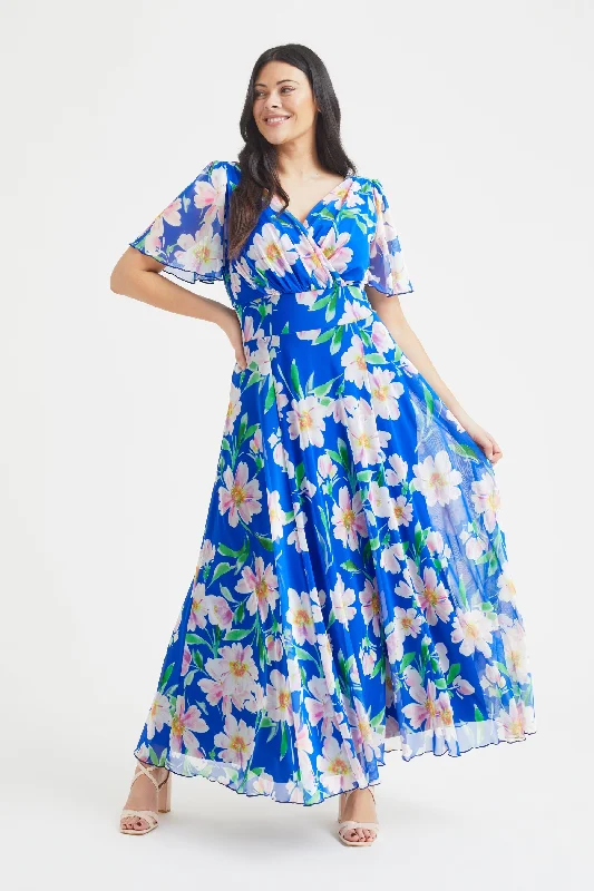 Isabelle Royal Blue Pink Float Sleeve Maxi Dress Cozy Longline Maxi Dress