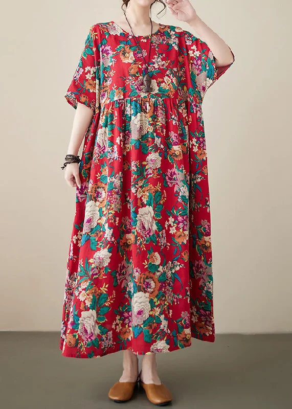 Italian Red Patchwork Print Cotton Maxi Dress Short Sleeve Trendy V-Neck Maxi Dress