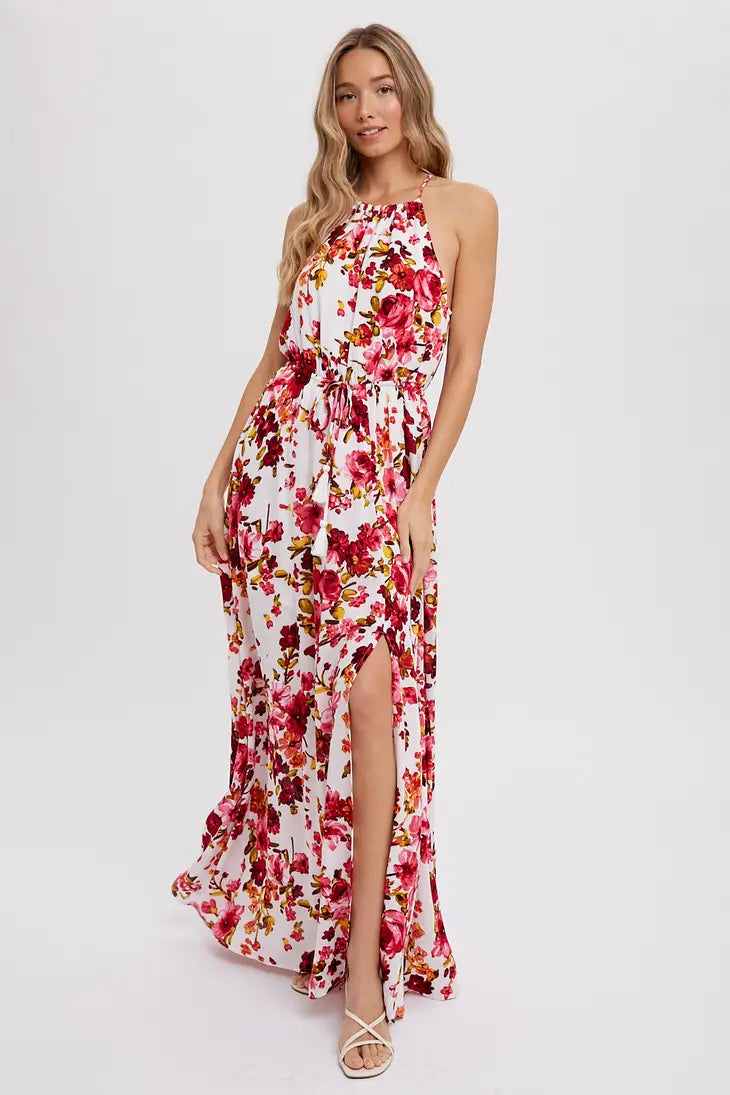 Ivory Floral Print Halter Neck Maxi Dress Cozy Maxi Dress with Slit