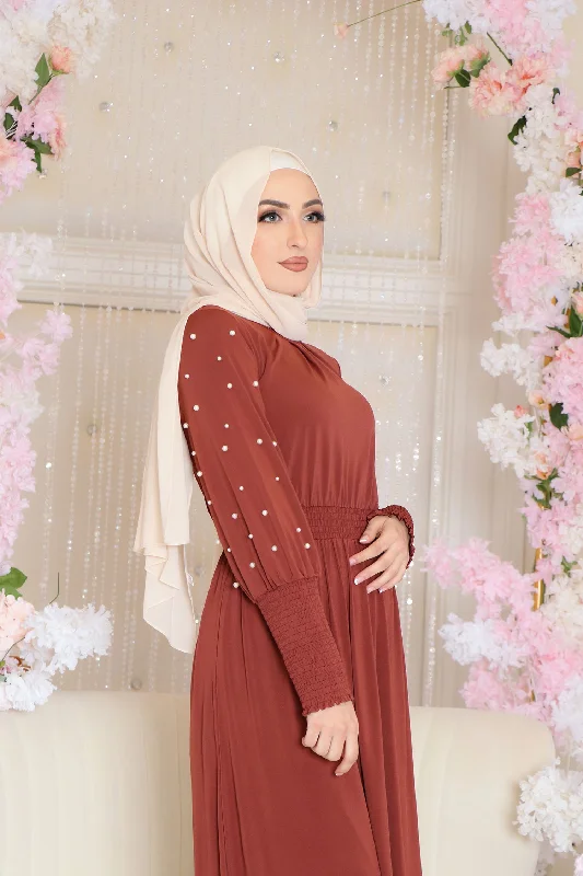 Kylie Pearls Spandex Maxi Dress- Burnt Orange Stylish Maxi Dress with Pleats