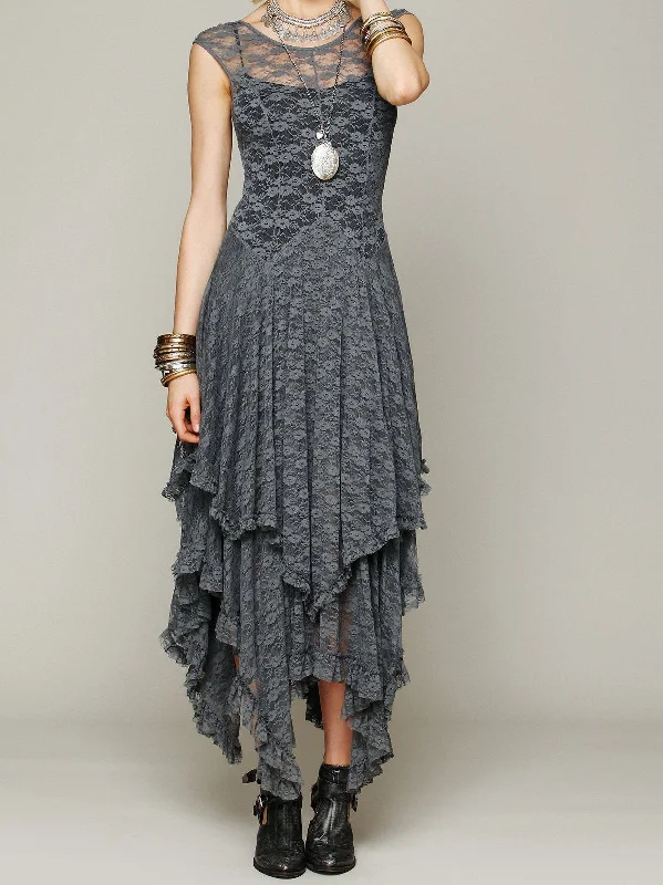 Lace Solid Color Irregular Maxi Dress Trendy A-Line Maxi Dress
