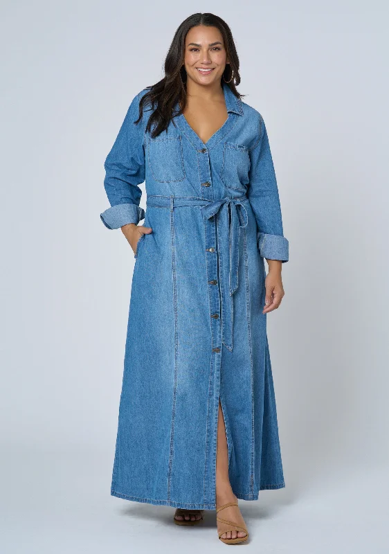 Leah Chambray Maxi Dress Elegant Maxi Dress with Belt