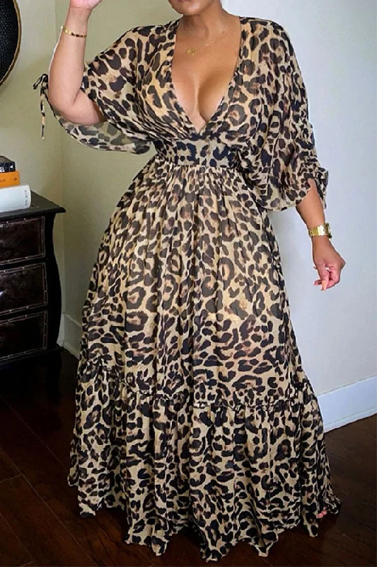 Leopard Print Classic Maxi Dress Trendy Button Front Maxi Dress