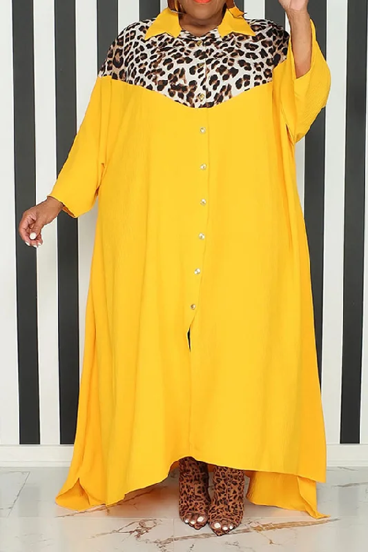 Leopard Print Patchwork Casual High Low Maxi Dress Fashionable Open-Back Maxi Dress