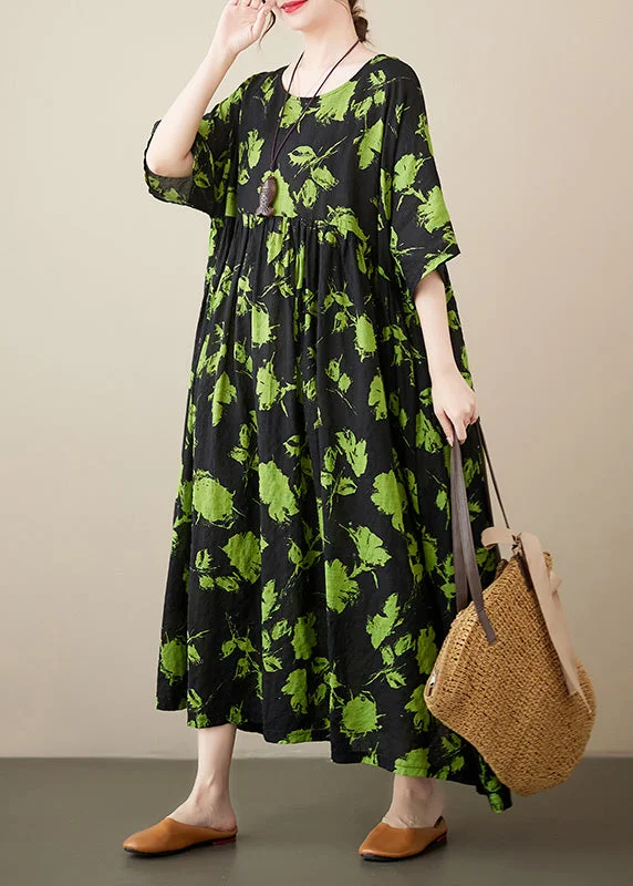 Loose Green Print Wrinkled Cotton Maxi Dresses Summer Comfortable T-Shirt Maxi Dress