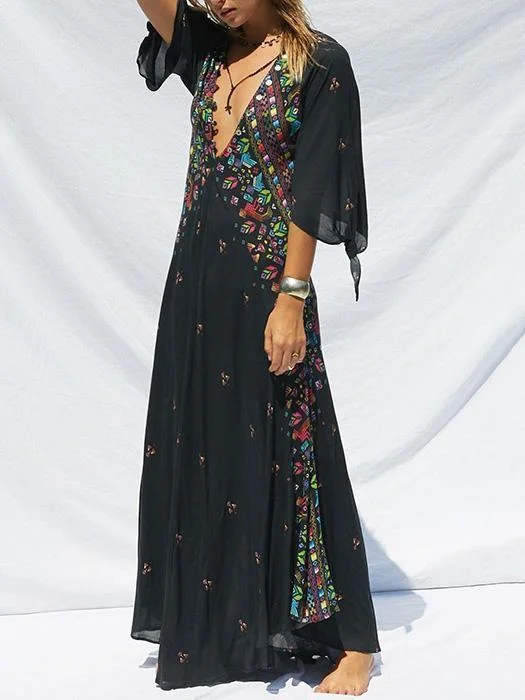 New PRINT DEEP V NECK BOHEMIA BEACH MAXI DRESS Fashionable Printed Maxi Dress